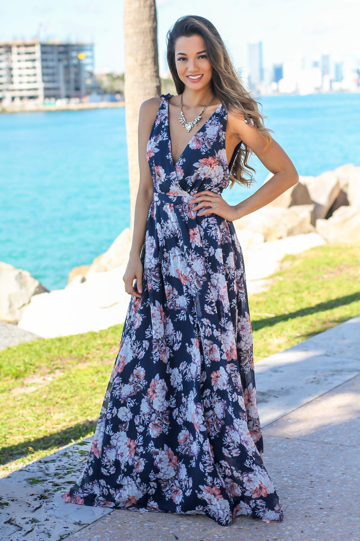 Navy Floral V-Neck Sleeveless Maxi ...